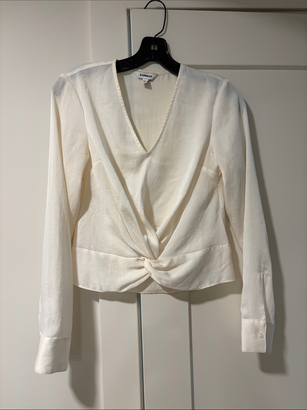 Express Cream Twist-Front V-Neck Long Sleeve Blouse